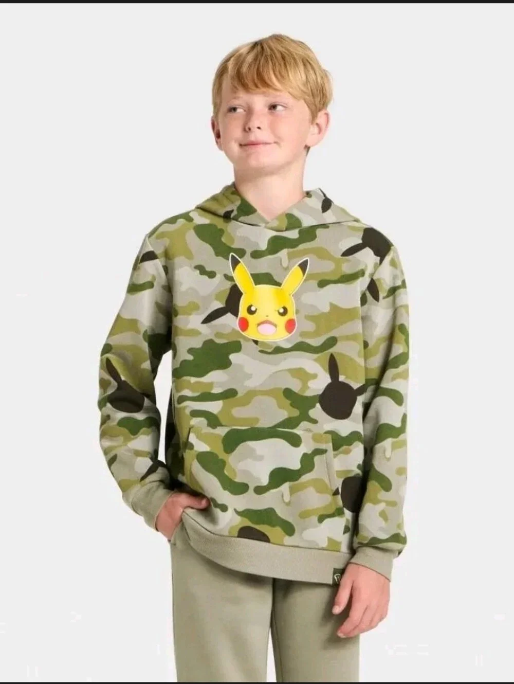 Pokemon Green Camo Pikachu Pullover Hoodie Small Nwt